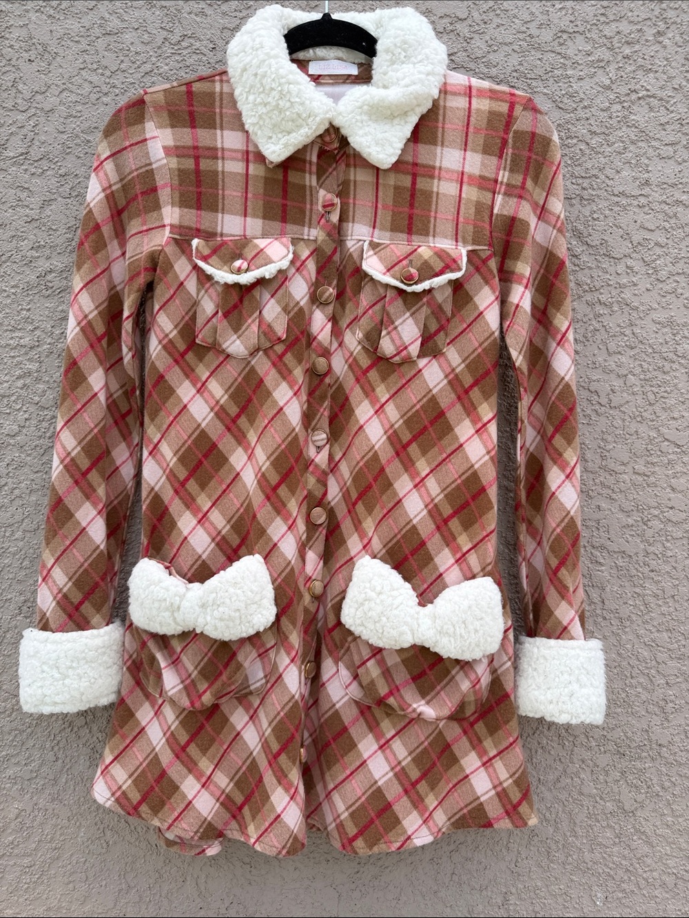 LIZ LISA Pink & Brown Plaid Long Sleeve Dress with Sherpa Trim